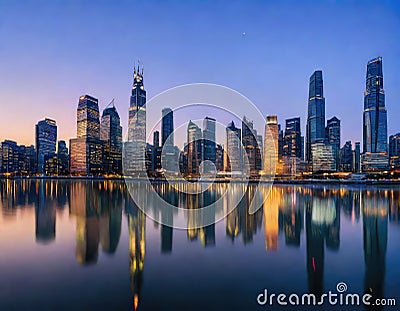 Reflective business low angle view of skyscrapers in sunny Business wallpaper with modern with mirrored Stock Photo