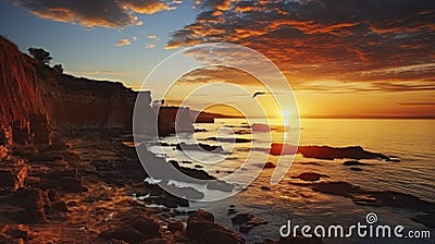 Reflective Calm. Tranquil sunset scenery at the ocean with the sunlight reflected on the water, a flying bird and the rocky coast Stock Photo