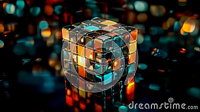 Reflective combination puzzle floating on dark background with bokeh Stock Photo