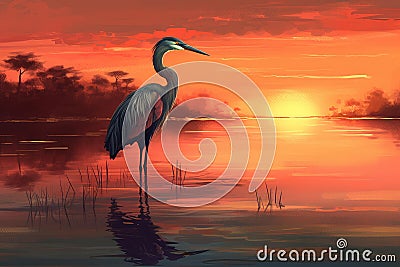 Reflective Heron lake sunset. Generate Ai Stock Photo