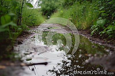 reflective puddles on path after rain, with softfocus vegetation beyond Stock Photo