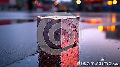 Reflective Reflections: The Metallic Cube on Rain-Soaked Asphalt Stock Photo