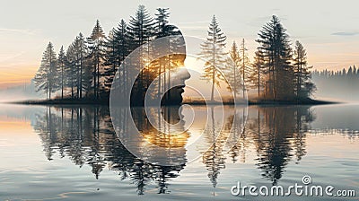 A reflective silhouette merges with a misty lakeside dawn. Stock Photo