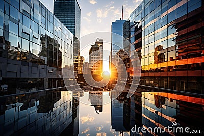 Reflective Splendor: Glass Skyscraper Mirroring Vibrant Cityscape at Golden Hour Stock Photo