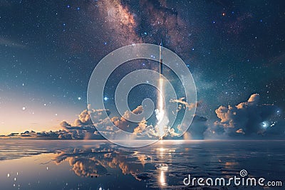 Reflective Waterfront Rocket Launch: Tranquil Reflections of a Powerful Liftoff Stock Photo