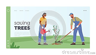 Reforestation, Forest Restoration, Planting, Saving Trees Landing Page Template. Volunteers Care and Watering Plants Vector Illustration