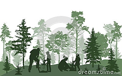 Reforestation. Man, woman and children are planting fir trees in forest, silhouette. Vector illustration Vector Illustration