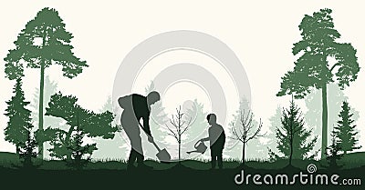 Reforestation, planting trees in forest. Man and child plant bare tree and fir trees, silhouette. Vector illustration Vector Illustration