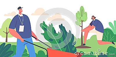 Reforestation, Save World Global Environmental Movement Concept. Volunteer Characters Planting Trees in Garden or Park Vector Illustration