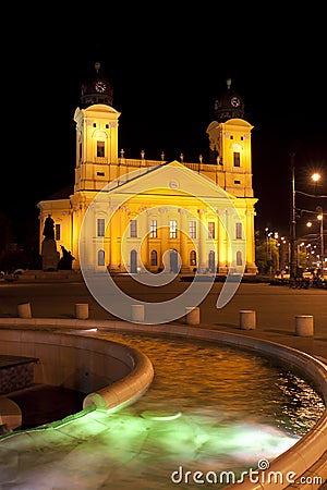 Reformed Great Church in night Debrecen, Hungary Stock Photo