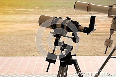 Refractor telescope, Optical telescope, device instrument for land lunar or planetary observation of distant object Stock Photo