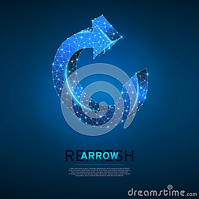Refresh circular arrow symbol. Wireframe digital 3d Vector neon illustration. Low poly, repeat, refresh button Vector Illustration