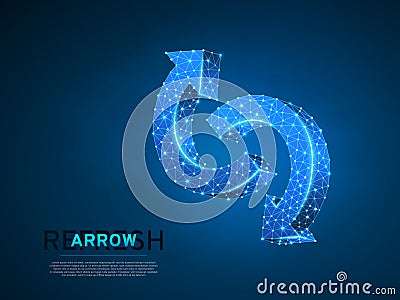 Refresh circular arrows symbol. Wireframe digital Vector neon 3d illustration. Low poly, repeat, recycle button concept Vector Illustration