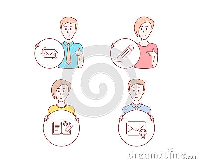 Refresh mail, Engineering documentation and Pencil icons. Verified mail sign. New e-mail, Manual, Edit data. Vector Vector Illustration