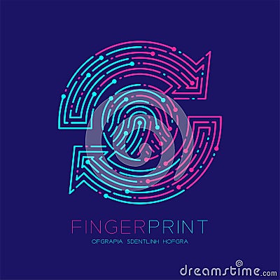 Refresh sign Fingerprint scan pattern logo dash line, digital data technology concept, Editable stroke illustration pink and blue Vector Illustration