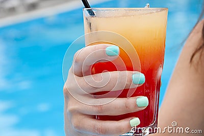 refreshing alcoholic beverahe in glass at pool. mixology and bartender. summer lifestyle. summer beach cocktail. summer vacation Stock Photo