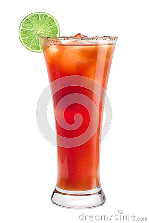 A refreshing alcoholic cocktail is decorated from a lime. Red cocktail on a white background Stock Photo