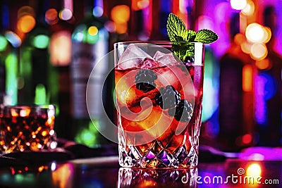 Refreshing alcoholic colorful fruit cocktails with ice, mint and berries on a bar counter, night club party with soft drinks, AI Cartoon Illustration