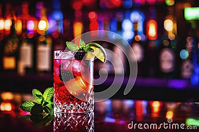Refreshing alcoholic colorful fruit cocktails with ice, mint and berries on a bar counter, night club party with soft drinks, AI Cartoon Illustration