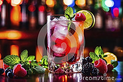 Refreshing alcoholic colorful fruit cocktails with ice, mint and berries on a bar counter, night club party with soft drinks, AI Cartoon Illustration