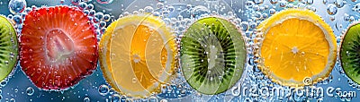 A refreshing array of fruit slices including strawberry, orange, kiwi, and lemon submerged in sparkling water bubbles, showcasing Stock Photo