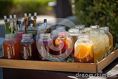 A refreshing, BBQ beverage display, showcasing a selection of ice-cold drinks, such as lemonade, iced tea, craft beers, set Stock Photo