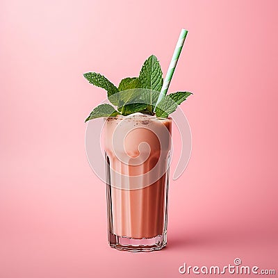 Refreshing beverage with a bright mint garnish and a vibrant green straw, AI-generated Stock Photo