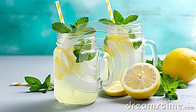 refreshing beverage, lemonade, served in a glass jar with a minty twist. Stock Photo