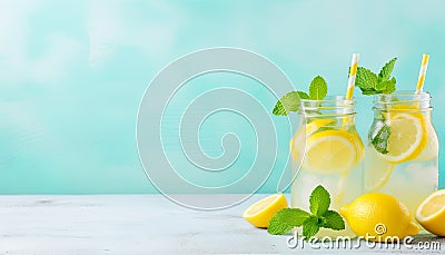 refreshing beverage, lemonade, served in a glass jar with a minty twist. Stock Photo