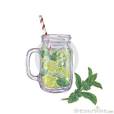 Refreshing beverage with mint leaves, ice cubes, lime slices, drinking Straw in glass jar Watercolor illustration of mojito Cartoon Illustration