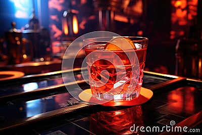 A refreshing beverage sits on a table, inviting viewers to quench their thirst, Welcome drink in a night club, AI Generated Stock Photo