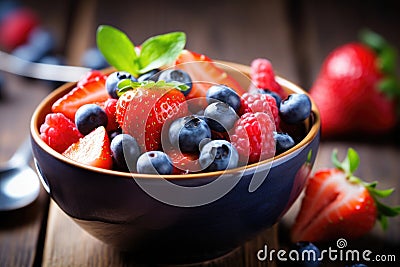 Refreshing bowl of fruit salad filled with juicy strawberries and vibrant blueberries Stock Photo