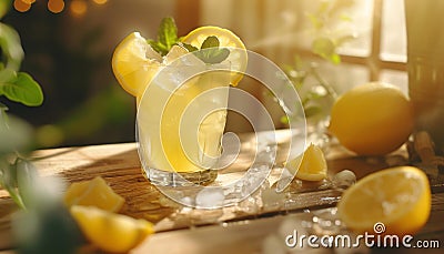 Refreshing citrus cocktail with mint leaf on wooden table Stock Photo