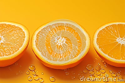 Refreshing citrus display orange slices on a vibrant yellow backdrop Stock Photo