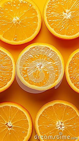 Refreshing citrus display orange slices on a vibrant yellow backdrop Stock Photo