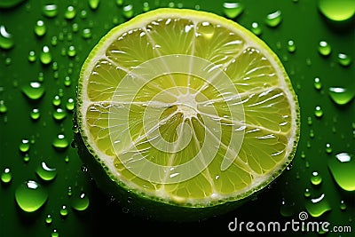 Refreshing Citrus Lime slice with water droplet on a green surface Stock Photo