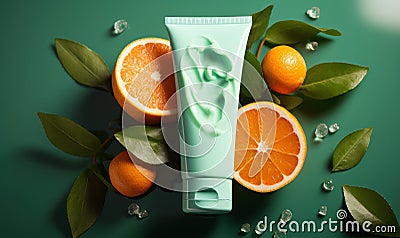 Refreshing Citrus Skincare Cosmetic Tube with Natural Orange Slices and Green Leaves on a Soft Aqua Background for Beauty Concept Stock Photo