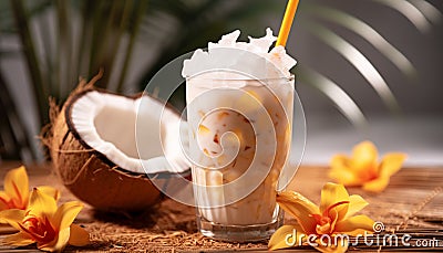 Refreshing coconut milkshake, a tropical drink for relaxation generated by AI Stock Photo