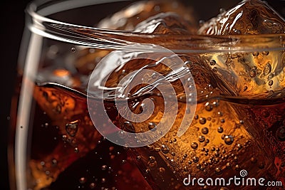 Refreshing Cola Delight A Close-Up View of a Sparkling Cola Drink with Glistening Ice Cubes. created with Generative AI Stock Photo