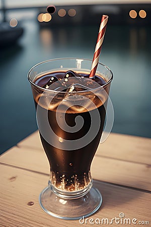 Refreshing cola on a table by the lake. Stock Photo