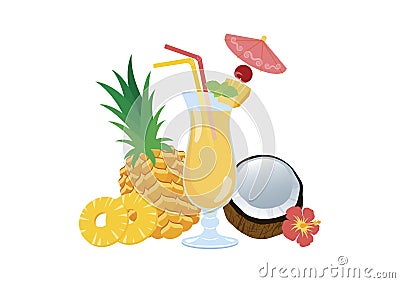 Tropical drink with pineapple and coconut fruit vector Vector Illustration