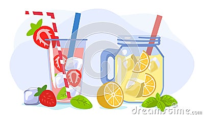 Refreshing drink with ice orange and strawberry Summer vector illustration Vector Illustration