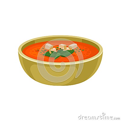 Refreshing gazpacho soup in ceramic bowl. Delicious dish of Spanish cuisine. Flat vector element for menu Vector Illustration