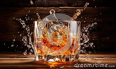 A Refreshing Glass of Whiskey with Splashing Ice and Water Stock Photo