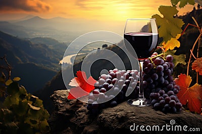 A refreshing glass of wine rests atop a rock, accompanied by a bunch of ripe, luscious grapes, A glass of rich red wine with Stock Photo