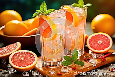 Refreshing grapefruit drink with ice. Generative AI Cartoon Illustration