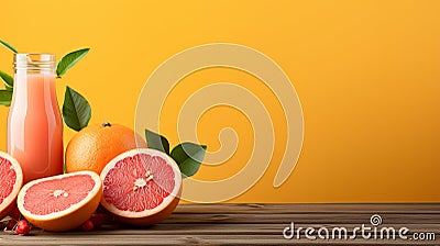 Refreshing grapefruit juice in glass on wooden table with soft orange background for text placement Stock Photo