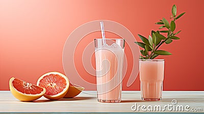 Refreshing grapefruit juice in glass on wooden table with soft orange background for text placement Stock Photo
