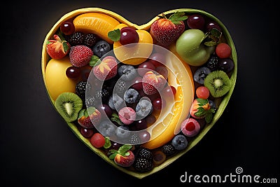 Refreshing Heart-Shaped Fruit Salad - Top View. Generative AI. Stock Photo