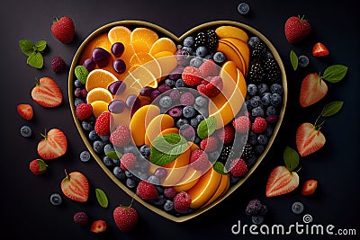 Refreshing Heart-Shaped Fruit Salad - Top View Perfect for Valentine's Day. Generative AI. Stock Photo